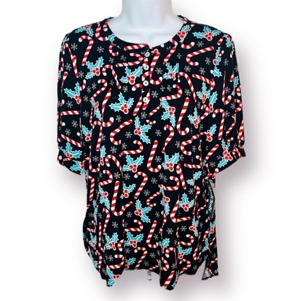 Modcloth Winning Them Over Short Sleeve Holiday Top Black Candy Cane M NWT
